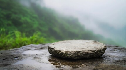 Stone podium for product display on mountain top with misty forest view