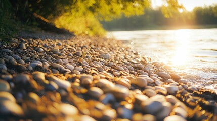 Obraz premium Scenic riverbank with pebbles and golden sunlight during the golden hour