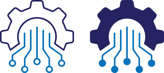 Tech gear, circuit board pattern, blue and white color scheme, mechanical cog, digital connections, minimalist design, tech industry logo, artificial intelligence concept, data flow