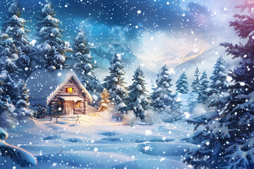 Naklejka premium Cozy snowy cabin in a winter wonderland surrounded by tall pine trees and majestic mountains at twilight