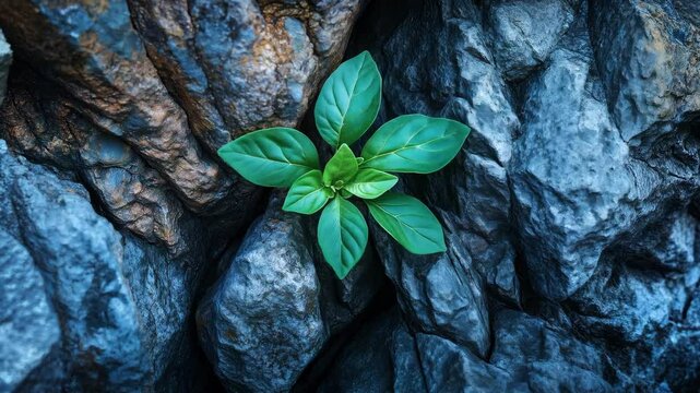 A green plant thrives in the crevices of rough rocks, demonstrating the tenacity of nature against challenging conditions