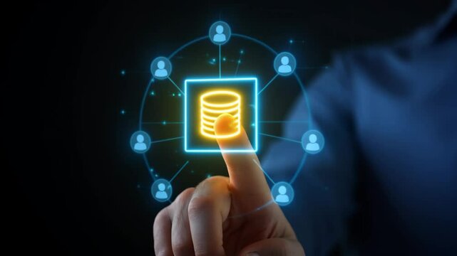 Man's finger interacts with a glowing database icon connected to user profiles. Represents data management, cloud access, or CRM systems. Symbolizes networked information control. 4k 60 fps.
