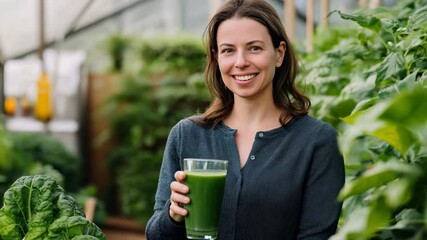 A woman holds a green smoothie while surrounded by thriving plants in an urban greenhouse, promoting healthy living and gardening