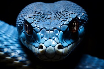 Close-up on the face of a blue viper snake. dangerous, poison, fast, fauna, monster, mythology, oriental, photography, power, scale, skin, tattoo, tongue, angry, china, cobra, color image