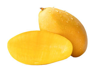 Single ripe yellow mango fruit with half and water droplets in stack isolated with clipping path in png file format