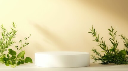 Product display podium with plants for cosmetic or skincare presentation