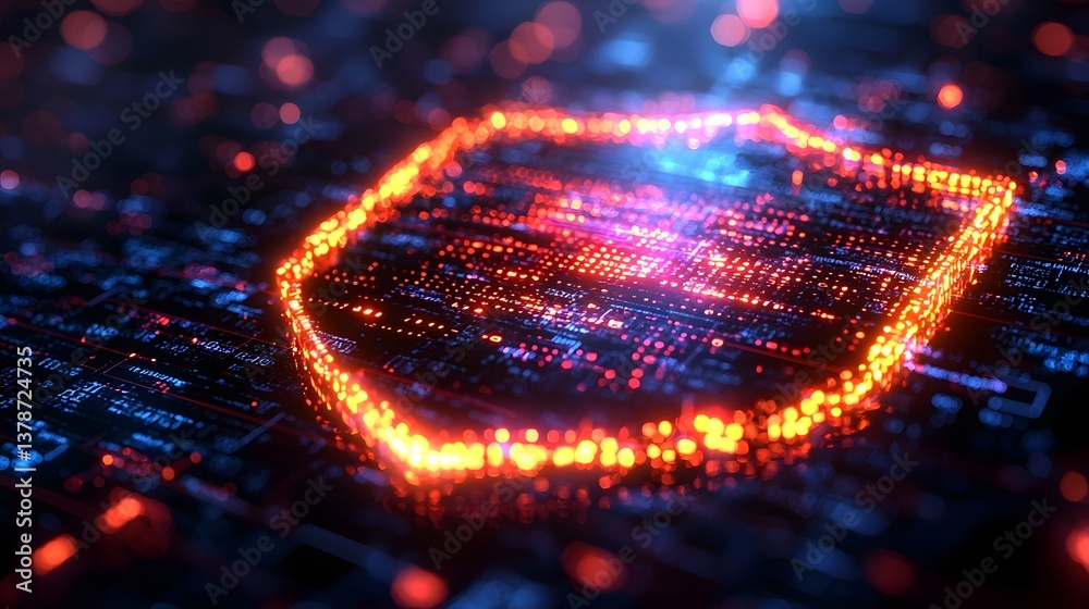 Poster glowing digital shield with flowing binary code