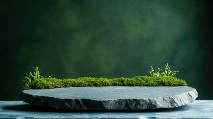 Stone product display podium with moss for cosmetic or skincare product