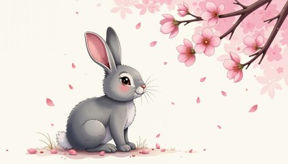 Obraz premium Rabbit Sitting Under Cherry Tree In Vibrant Springtime Scene Featuring Adorable Bunny Design And Blossoming Flowers Symbolizing Renewal And Joyful Nature Themes, AI Generated