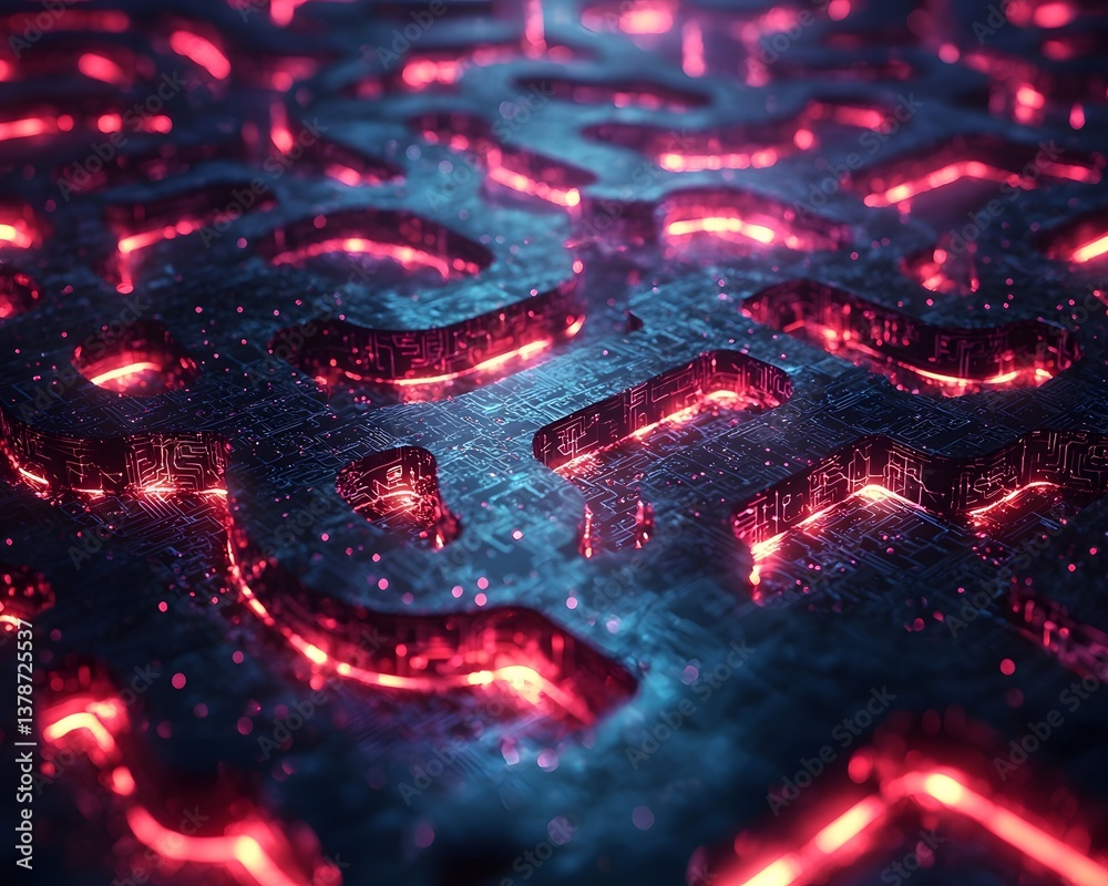 Poster glowing 3d maze representing cybersecurity protocols and protected pathways