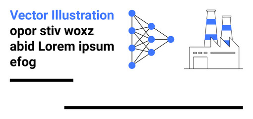 Representation of neural network with nodes and connections. Industrial factory chimneys, abstract text, and design lines. Ideal for AI, technology, innovation, industry, production learning simple