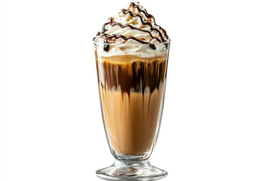 Mocha coffee in a tall glass, whipped cream and chocolate drizzle on top, transparent background."