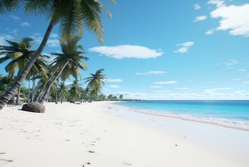 Obraz premium Paradise coast wallpaper for tourism promotion, summer holiday travel banner & tropical beach desktop background. Empty tranquil coast with palm trees