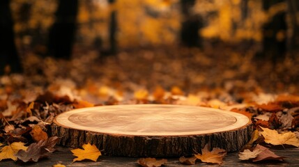Autumn wood stage for product display with fall foliage and forest scene