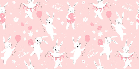 Easter Happy Rabbits Seamless Pattern, Easter Eggs and Flowers. Playful Bunny Rabbits. Holiday beautiful design for greeting card, poster, cover. Spring Vector illustration isolated 