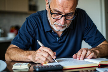 Focused Senior Man Writing in Notebook at Home Desk with Calculator
