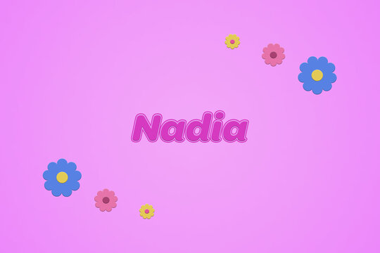 Nadia female girl name illustration in pink with blossoms, flowers