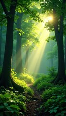 Obraz premium Sunlit shafts illuminate lush green undergrowth, creating vibrant forest scene, spring, leaves