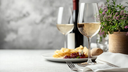 Elegant white wine glass with gourmet snack plate on bright minimal background, featuring floral decor and soft lighting, symbolizing refined taste, luxury lifestyle and casual fine dining