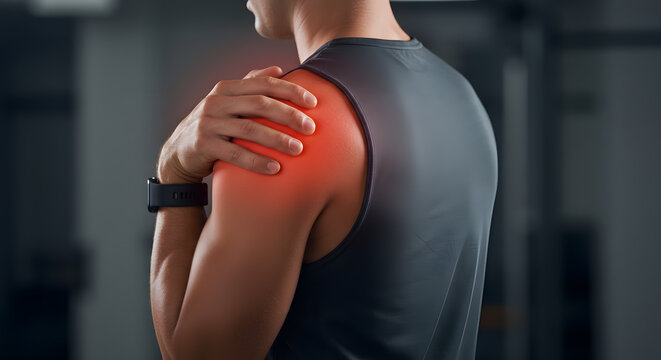 Man with Shoulder Pain, Fitness Injury, Red Highlight