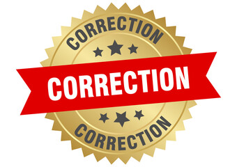 correction. correction round red and gold label isolated on transparent background