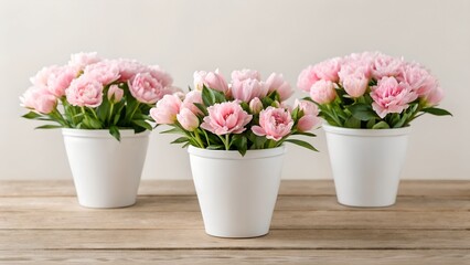 Fototapeta premium Delicate pink blooms in white pots add a touch of spring to any room, creating a fresh atmosphere 