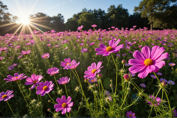 Field of Blossoming Cosmos Flowers at Sunrise