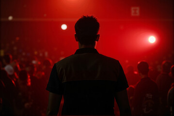 Silhouette of a Man Standing in a Crowd with Vibrant Red Lighting