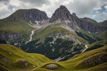 Majestic Mountain Landscape with Rolling Green Hills and Dramatic Sky