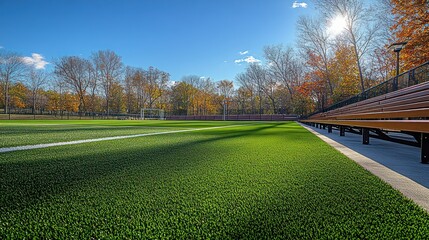 Sunny autumn day at a soccer field with wooden bleachers.