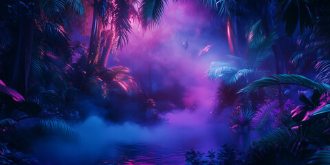 Mystical tropical jungle with neon-colored fog, perfect for fantasy backgrounds, music album covers, and creative advertising and banners