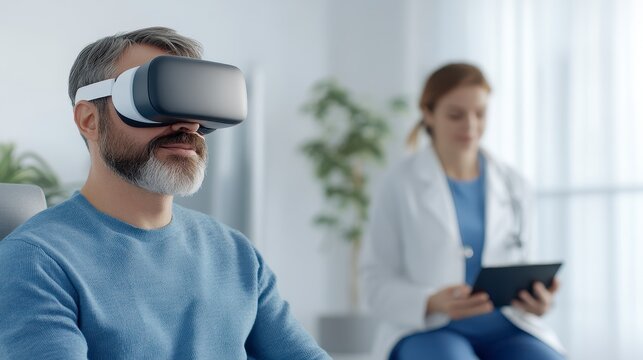 VR Healthcare Consultation: A patient wearing a virtual reality headset undergoes a medical consultation while a healthcare professional observes, illustrating modern healthcare - Powered by Adobe