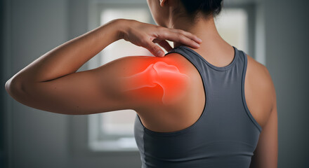 Woman Holding Sore Shoulder, Red Pain Highlight, Back View