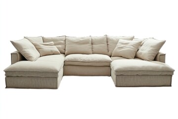 Fototapeta premium Large sectional sofa in light beige fabric, spacious and inviting, isolated.