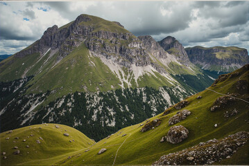 Majestic Mountain Range with Green Valleys and Dramatic Clouds