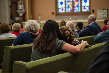 People Sitting in Church Pews with Comforting Embrace
