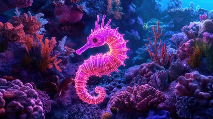 Obraz premium Neon seahorse amidst vibrant coral reef ecosystem in a blue ocean environment