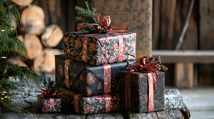 A festive stack of presents, wrapped in glittering paper with festive ribbons, creating a cheerful display for a joyful holiday celebration.