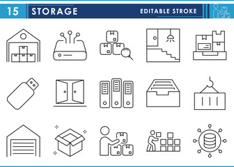 A set of line icons related to Storage. Store, warehouse, container, documents, stack, and so on. Vector editable stroke.