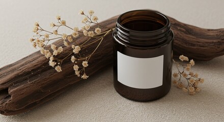 A brown jar with a blank label on a wooden background. Beside it lie a dry plant. The scene is simple, but it evokes a sense of peace and natural beauty
