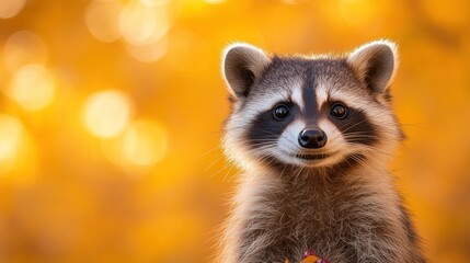Fototapeta premium Cute raccoon portrait against a bokeh autumn background.