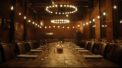 Cozy restaurant interior with vintage decor, leather chairs, wooden tables and wine shelves, atmospheric warm lighting. Banner with copy space