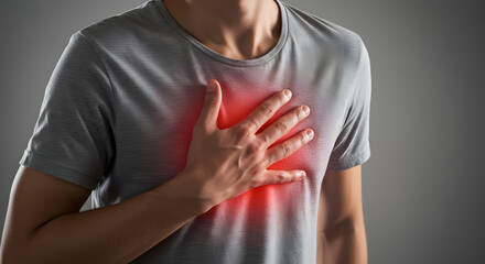 Man Experiencing Chest Pain: Close-up of Hand on Red-Highlighted Sternum