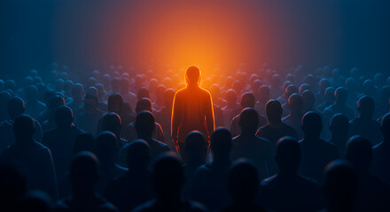 Obraz premium Illuminated Figure Standing Out in Silhouetted Crowd with a Warm Glow and Fog Effect