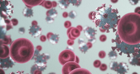 Virus cells floating over blue background, representing health care concept