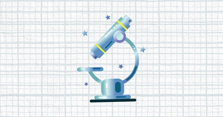 Image of microscope over blue grid on white backgraund