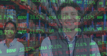 Image of financial data processing over man and woman working in warehouse