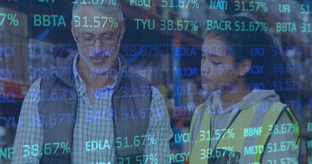 Image of financial data processing over man and woman working in warehouse