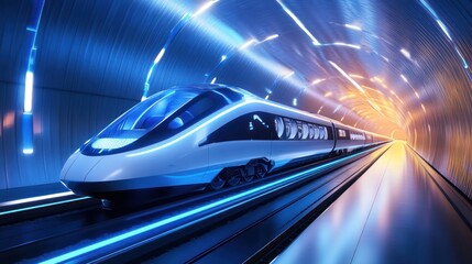 Fototapeta premium A futuristic high speed train travels through a bright tunnel