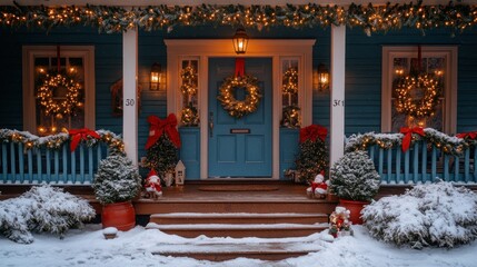 Festive blue house decorated for Christmas with wreaths, lights, and snow.